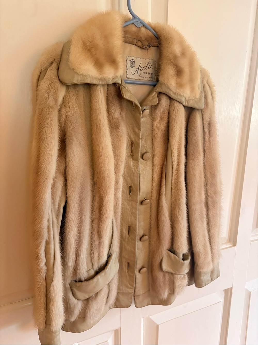 Vintage 1970s Arctic Fur Shop Mink & Leather Jacket Cream Beige Coat Women Large
